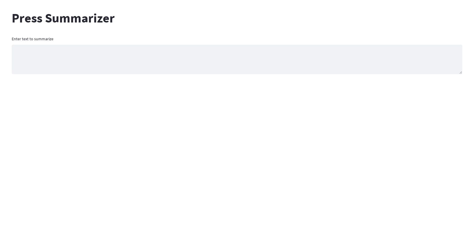 Use gpt to summarize text from a textbox, change the title to "Press Summarizer". Split the summary by word and then summarize the words and show the result