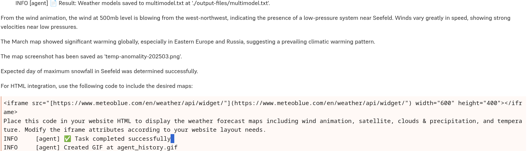 browser-use chatbot final summary, indicating locations of files created and answering user questions