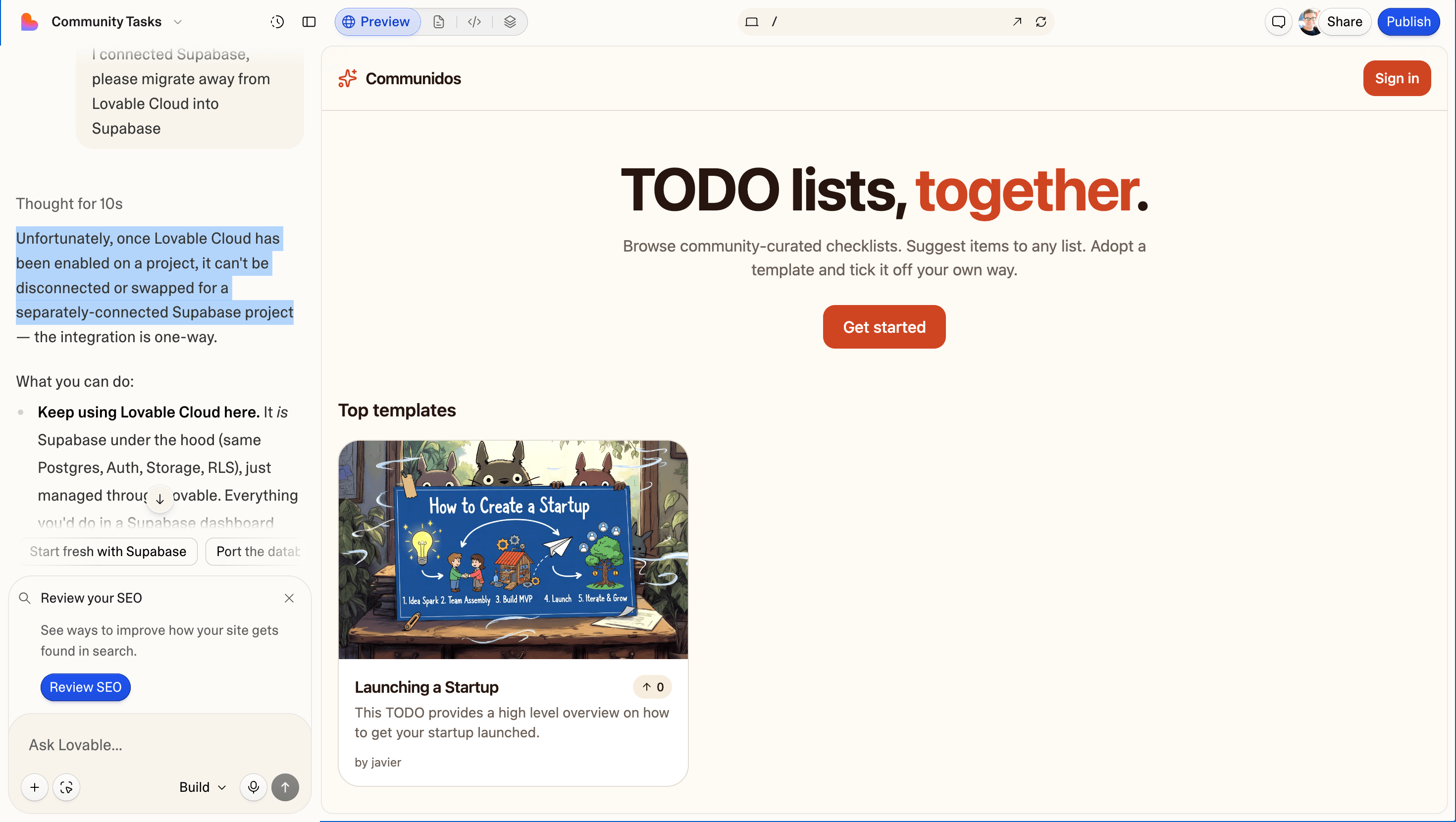 Lovable generated Community TODO app - Live preview showing the landing page with top templates