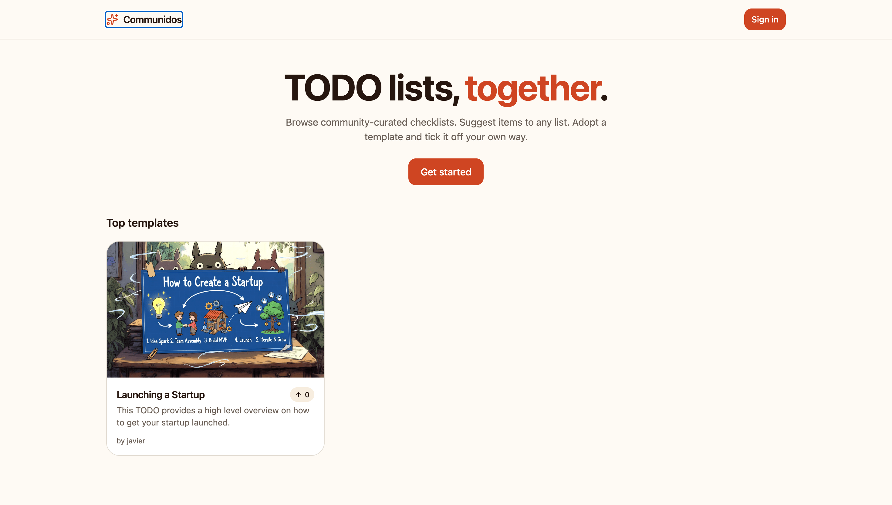 Lovable generated Community TODO app - Live preview showing the landing page with top templates