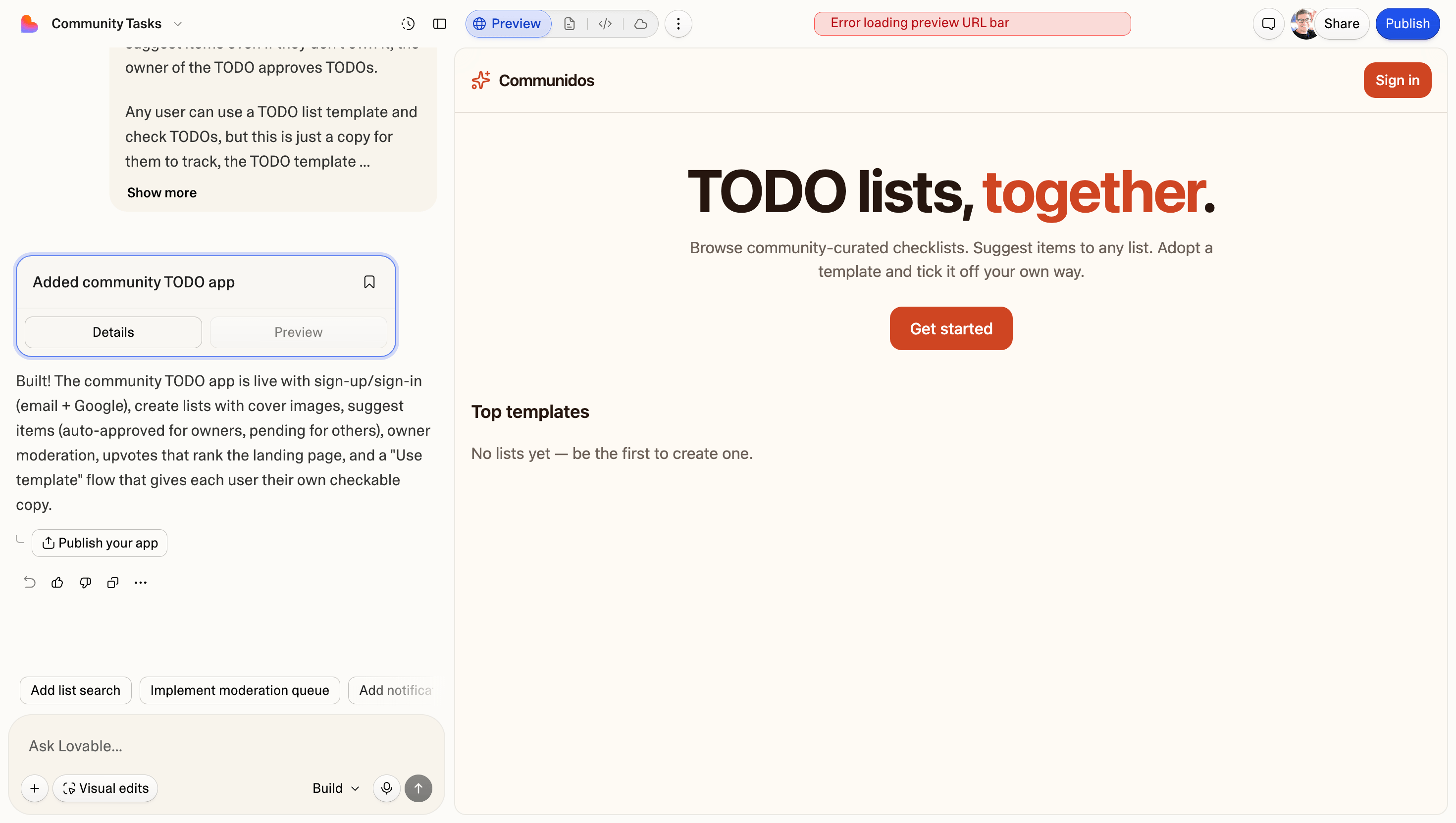 Lovable generated Community TODO app - Live preview showing the landing page with top templates